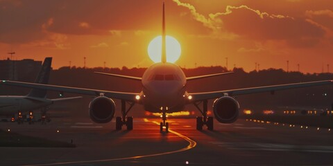 Commercial plane seen from the front on the airport runway during sunset - obrazy, fototapety, plakaty