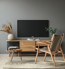 Modern home interior with a minimalist desk, black TV and wooden chair against a grey wall - obrazy, fototapety, plakaty
