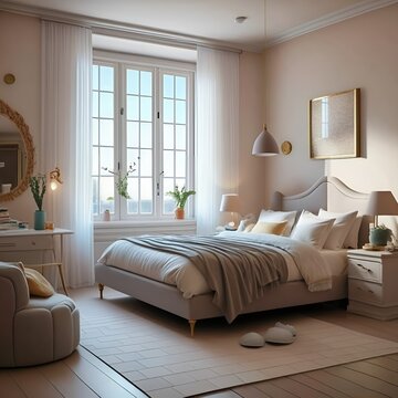 Wide angle picture of White bedroom decorated in a cute style with a soft white bed. small white sofa Reading table and lamp by the window, 