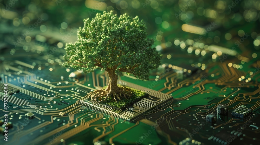 Poster the bottom angle view of the growing green tree on the cpu on the land of the greenish mainboard and