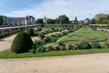 beautiful estate gardens in summer sunshine, Chateau de Chenonceau Castle, France