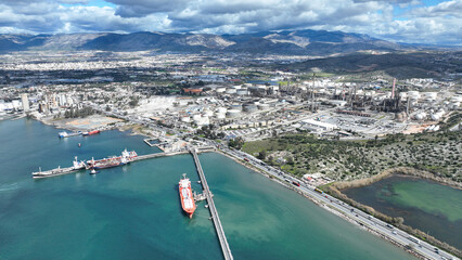 Aerial drone photo of Hellenic Petrol ELPE refinery in industrial area of Aspropirgos, bay of Elefsina, Attica, Greece