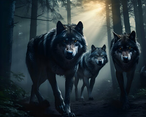 Three wolves in the dark forest. Halloween concept. 3D Rendering