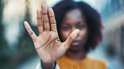 Close up focus African woman show palm hand opposes racial or gender discrimination, make stop gesture, sign of protest, female against domestic violence, abortion, bullying at school, say no concept