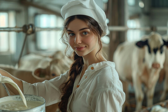 Milk products. A young girl milkmaid pours freshly milked milk into a bucket on a cow farm.