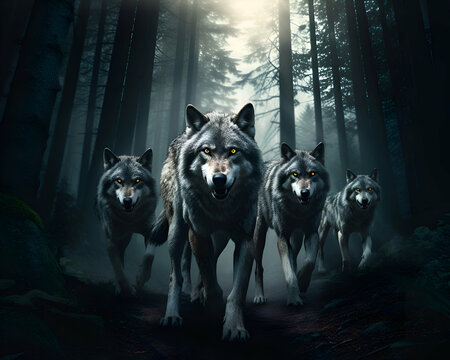 Three wolves in the dark forest. 3d rendering. Computer digital drawing.