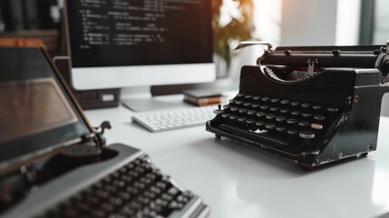 Closeup of a white desk with a modern laptop computer and an antique typewriter. Horizontal format with copy space. Old vs new concept - Powered by Adobe