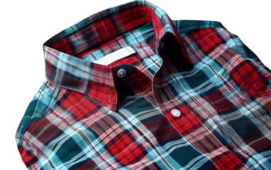 A vibrant red and blue plaid shirt standing out against a crisp white background
