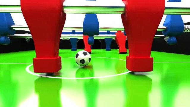 POV match on a 3D soccer field, players exchange passes until reaching the goal, 3D Rendering, 3D Illustration