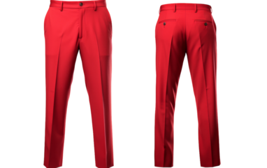 A vibrant pair of red pants stands out against a crisp white background