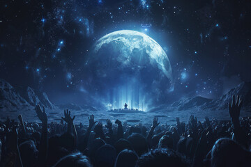 Rock concert on the moon. A rock band performing on the surface of the moon. Emotional spectators raise their hands up. Laser rays, scene, against the backdrop of the globe.