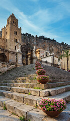 Cefalu old town church entrance view, Palermo region, Sicily, Italy.