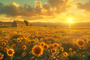 Fototapeta premium A field of sunflowers with a barn in the background