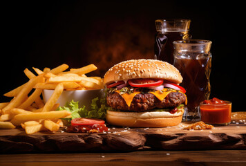 Hamburger with french fries and drink on dark blackbackground studio, on wooden plate, tabletop.