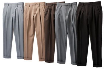 A line of mens dress pants neatly arranged on a white background