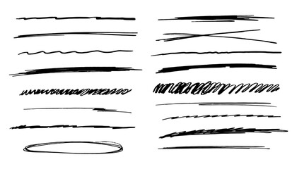  strikethrough underlines, set brush stroke, marker lines grunge curve, wvy free hand marks textured simple borders isolated on white background. Creative collection scribble brush or crayon checks - obrazy, fototapety, plakaty