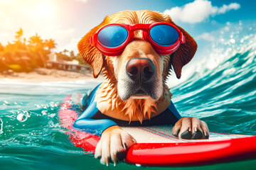 A dog surfer is engaged in water sports on a board for swimming on the sea waves.