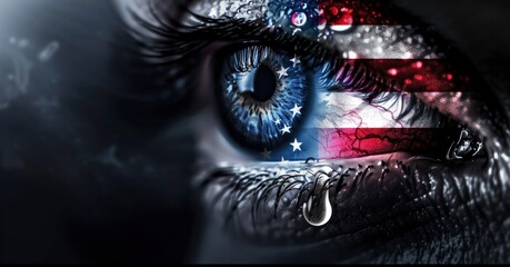a closeup of an eye painted with the American flag's red, white, and blue colors. One eyelid is wet with tears. - obrazy, fototapety, plakaty