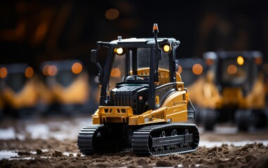 A toy bulldozer triumphantly perched on top of a rugged dirt field - obrazy, fototapety, plakaty