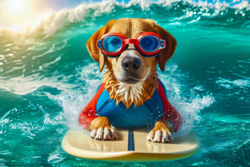 A dog surfer is engaged in water sports on a board for swimming on the sea waves.