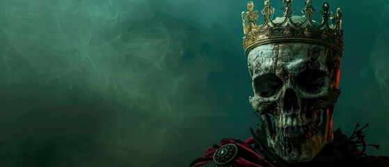 a real skull knight on a green background wearing a crown - obrazy, fototapety, plakaty