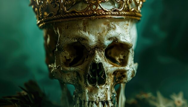 a real skull knight on a green background wearing a crown