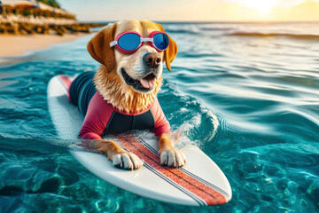 A surfer dog swims through the sea waves on a special surfboard. The concept of animals doing sea sports.