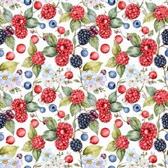 Seamless floral pattern with fruits, berries and flowers
