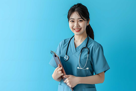 Happy smiling with Braces young Asian female doctor arms crossed confident, medical health care worker surgeon specialist wearing uniform scrub with stethoscope, copy space blue isolated background
