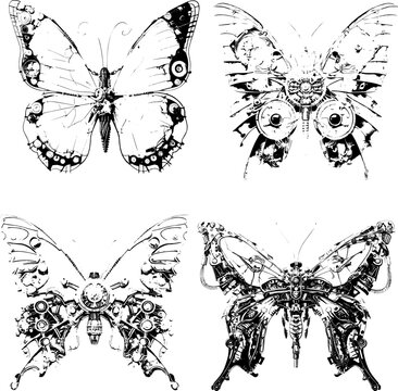 butterfly in the style of abstractionism. vector print, stamp. black and white image.