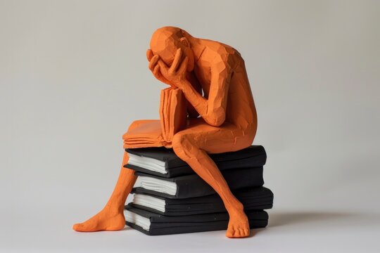 A clay figure is reading books and setting up black books. Depression concept