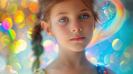 cute children with rainbow themed on blured colourful background