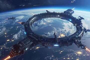 A space station is seen located within the center of the Earth, showcasing advanced technology integrated into the planets core