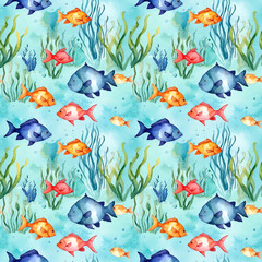 Seamless marine pattern with a picture of the underwater world
