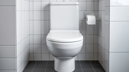 Toilet in a bright, immaculately kept bathroom with white ceramic tiles