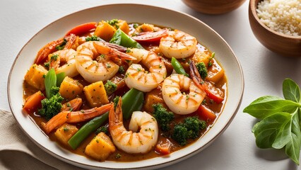 Stewed shrimp with curry and vegetables.
