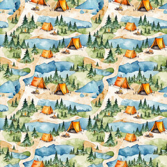 Fototapeta na wymiar Seamless tourist pattern with a symbolic map of hiking routes with tents