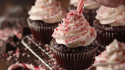 Sweet baked chocolate cupcakes with peppermint frosting on the top. AI generated