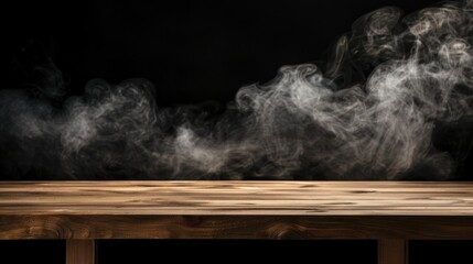 Empty room with wooden table with smoke floats up on a dark background. AI generated image