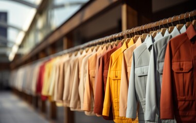 A mesmerizing row of colorful shirts hanging gracefully on a rail