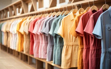 A row of colorful, neatly hung shirts on a wall, creating a vibrant display