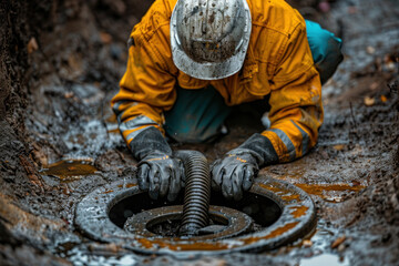 Sewer well, septic tank. A male worker in overalls and a helmet pumps dirty liquid from a drainage well.