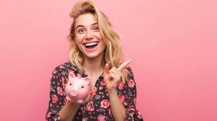 Portrait happy smiling young blonde woman holding a piggy bank. AI generated image - obrazy, fototapety, plakaty
