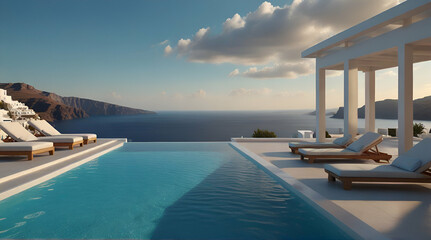 luxury swimming pool in santorini 3d rendering .Generative AI - obrazy, fototapety, plakaty