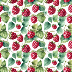 Seamless floral pattern with raspberries on a white background