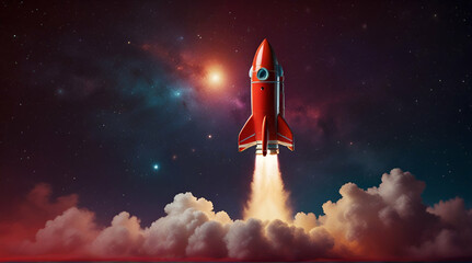 Launch of a red toy rocket colorful space background  .Generative AI - obrazy, fototapety, plakaty