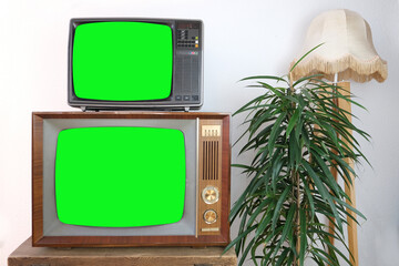 two old TV screens, footage Dated TV Set with white Screen Mock Up Chroma Key Template Display,...