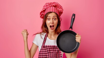 Portrait shocked girl holds a frying pan cooking in the kitchen on pink background. AI generated