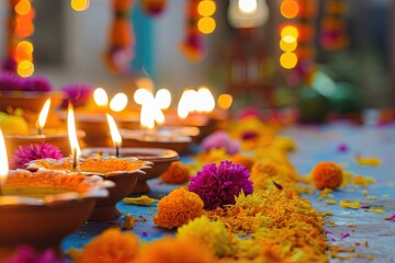 Diwali celebration with colorful lights and traditional decorations, Festive Diwali celebration adorned with vibrant lights and traditional decorations. - obrazy, fototapety, plakaty