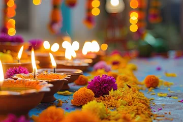 Tuinposter Diwali celebration with colorful lights and traditional decorations, Festive Diwali celebration adorned with vibrant lights and traditional decorations. © SaroStock